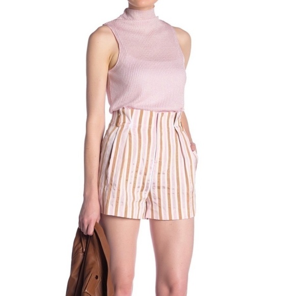 FRAME Pleated Pink Striped High Waisted Shorts Copper Multi Sz 2 - Picture 1 of 10